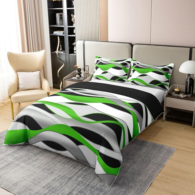 Erosebridal Geometric Stripes 100% Cotton Duvet Cover Queen Modern Abstract Boho Bedding Set for Kids Teens Adults Grey Black Green Comforter Cover Simple Spiral Lines Bed Set 3 Pcs