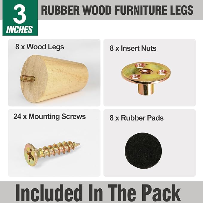 FoDau770 Rubber Wood Furniture Legs 3 Inches, Slant Tapered Wood Feet Mid Century Sofa Legs Set of 8, 5/16" UNC Furniture Feet Replacement Parts for Cabinet Couch Dresser Chair Ottoman Table