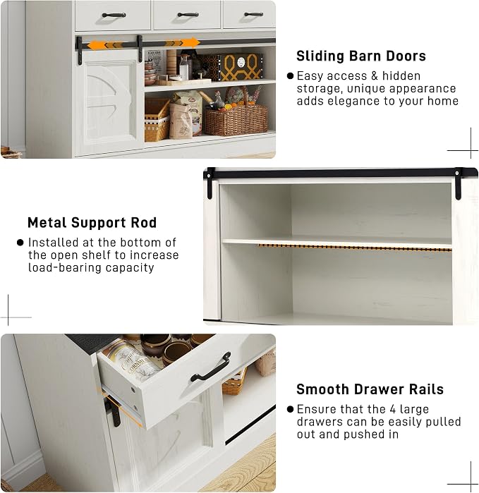 70” Large Buffet Sideboard Cabinet w/4 Drawer,Farmhouse Coffee Bar Cabinet Buffet with Storage,Sliding Door,Long Kitchen Buffet Table,Kitchen Sideboard Cabinet,Credenza for Dining Room,Off White