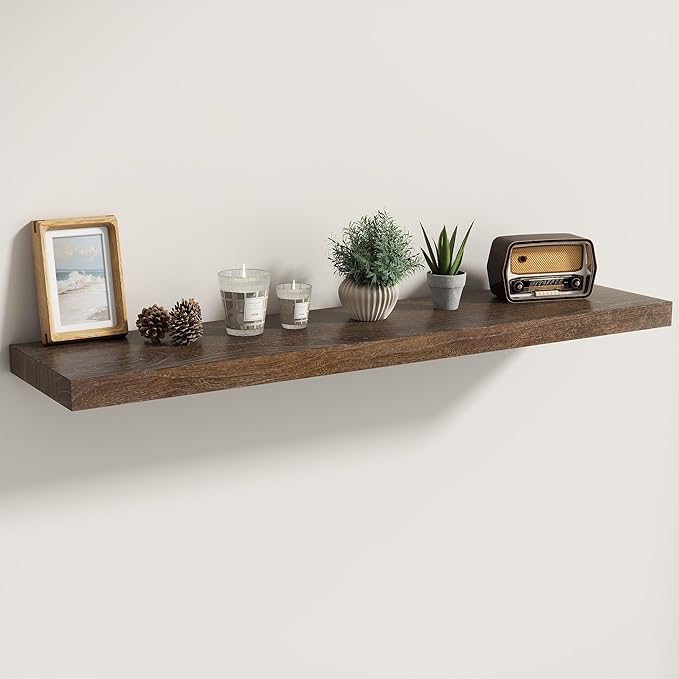 Fun Memories Solid Elm Wood Floating Shelves Set of 1-40 Inch Rustic Wall Shelves with Heavy-Duty Invisible Brackets - for Living Room, Kitchen, Bedroom, Bathroom - Walnut Finish