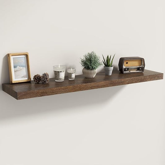 Fun Memories Solid Elm Wood Floating Shelves Set of 1-40 Inch Rustic Wall Shelves with Heavy-Duty Invisible Brackets - for Living Room, Kitchen, Bedroom, Bathroom - Walnut Finish