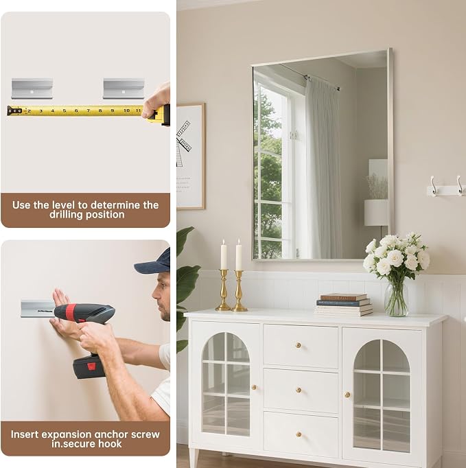 Brushed Nickel Bathroom Mirror, 30"x36" Rectangle Mirror, Brushed Mirror, Metal Frame Square Corner Vanity Mirror, Wall Mounted Mirror for Modern, Living Room, Bedroom, Horizontal Or Vertical