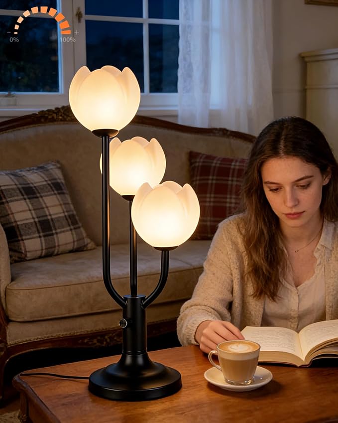 Lightdot Flower Table Lamp for Living Room Modern 3-Light Modern Mid Century Cute Desk Lamp 3000K Warmwhite Dimmable Bedside Nightstand Lamp for Bedroom Reading-Black
