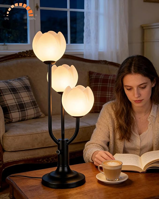 Lightdot Flower Table Lamp for Living Room Modern 3-Light Modern Mid Century Cute Desk Lamp 3000K Warmwhite Dimmable Bedside Nightstand Lamp for Bedroom Reading-Black