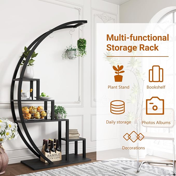 GarveeLife Plant Stand Indoor 5 Tier Tall, Metal Half Moon Plant Shelf 2 Pack, Stylish Tiered Flower Rack for Multiple Plants Display, Tall and Space-Saving Design