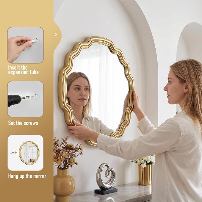 Decorative Gold Round Wave Mirror 26" Scalloped Edge Circle Mirror Wall Decor for Bathroom Entryway Fireplace Living Room Bedroom Hallway with Shatterproof Glass