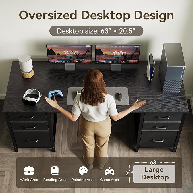 ODK 63 inch Computer Desk with File Drawers Cabinet, Modern Office Desk with Large Storage for Home Office, Study, Gaming, Black