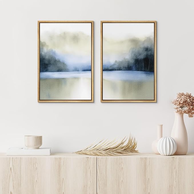 IDEA4WALL Framed Canvas Print Wall Art Set Serene Blue Lake Watercolor Landscape Illustrations Modern Art Decorative Coastal Cottage Seascape for Bedroom - 16"x24"x2 Natural