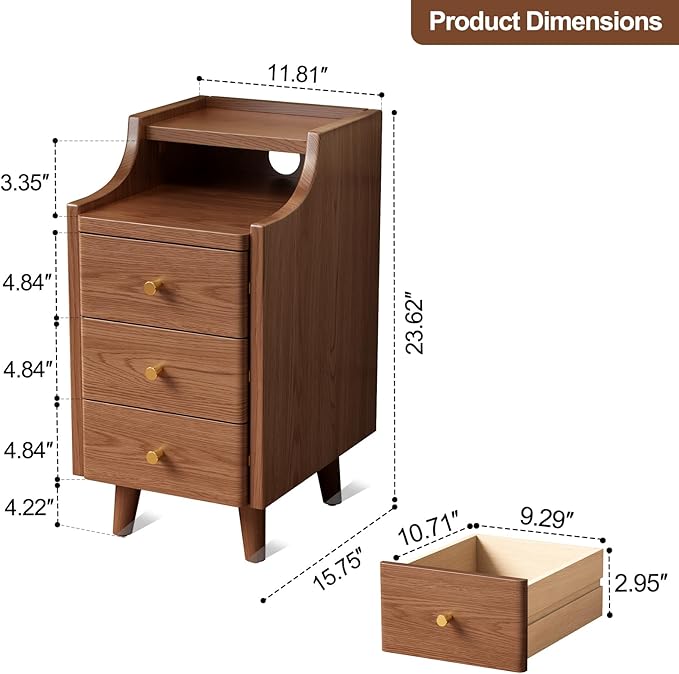 Solid Wood Narrow Nightstand with Drawers,Walnut Nightstand Wood Bedside Table Modern for Bedroom,Study,Toilet