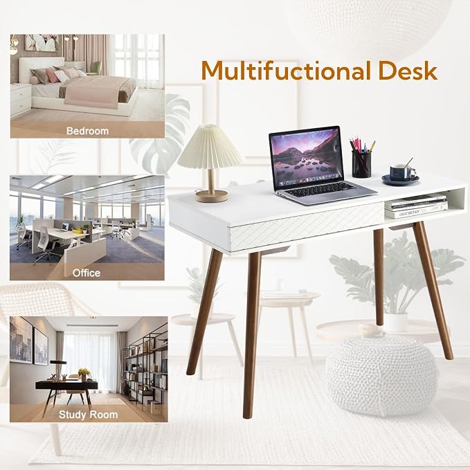 GarveeHome 42 in Mid Century Home Office Writing Desk, Modern Simple Computer Desk with Drawer and Open Storage Cubby, Small Vanity Table Desk for Bedroom, White