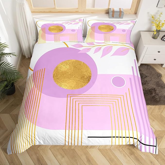 Erosebridal Purple and White Abstract Boho Duvet Cover Toddler Size Minimalist Aesthetic Neutral Comforter Cover Mid Century Modern Bedding Set Botanical Leaves Geometric Bed Set