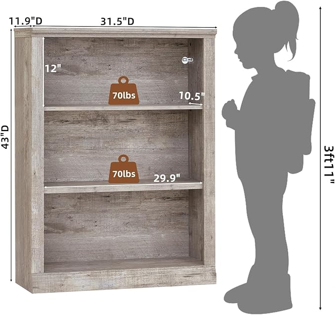 43" Grey Tall Bookshelf Set of 3,3-Tier Thick Wooden Book Shelf with Adjustable Shelves,Free Standing Farmhouse Bookcase with Open Display Storage,Floor Vintage Bookshelves for Living Room