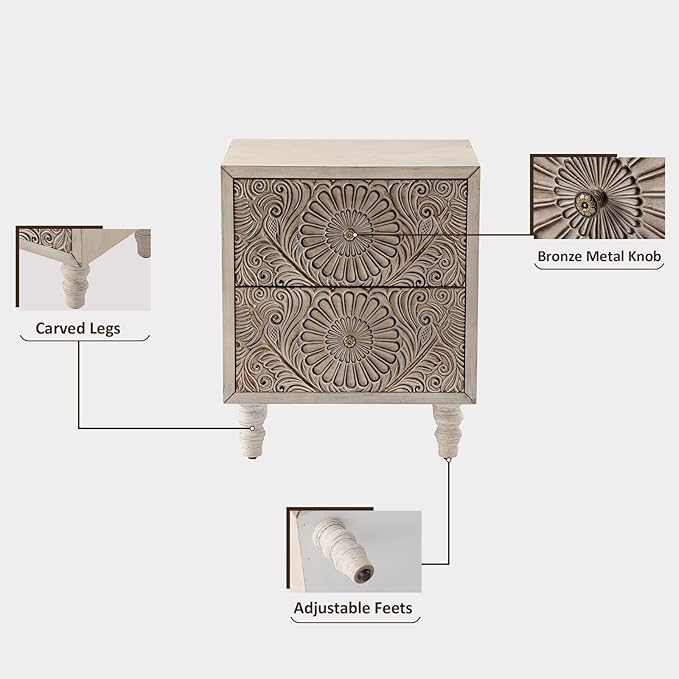 HOMPUS 2-Drawer Farmhouse Nightstand, Fully Assembled Boho Night Stand, Vintage Accent End Table Bedside Table, Small Nightstand Organizer for Bedroom, Laundry, Distress White