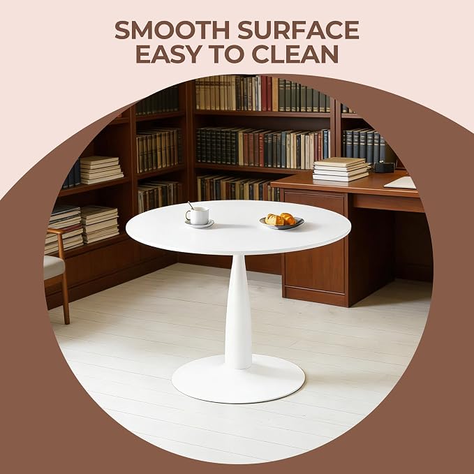 Round Tulip Dining Table 42 Inch White for 2-4 People, Modern Kitchen Table with MDF Top and Metal Pedestal Base, Bistro Table for Apartment Cafe Office Living Room
