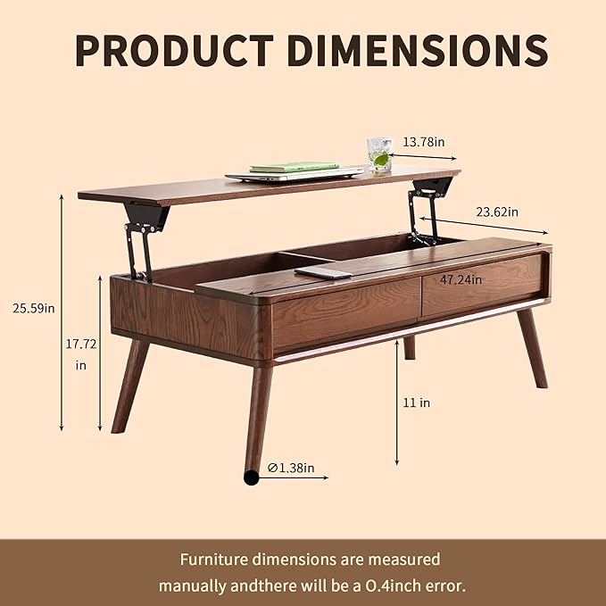 Solid Wood Coffee Table with Drawers, Natural Wooden Center Table for Living Room, Easy-to-Assemble Low Desk, 47.24" W × 23.62" D × 17.72" H for Home Office (47.24" Solid Wood Coffee Table)