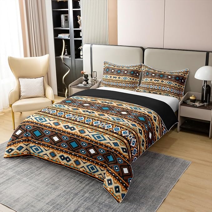 Erosebridal 100% Natural Cotton Boho Tribal Duvet Cover King, Retro Exotic Bedding Set, Vintage Lattice Bohemian Comforter Cover, Orange Antique Grid Damask Tribal Ethnic Egyptian Quilt Cover