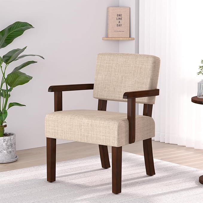 Accent Chair,Armchairs with Solid Wood Frame and Legs,Upholstered Reading Leisure Chair for Bedroom,Office,Waiting Room (Linen, Beige, One Chair)