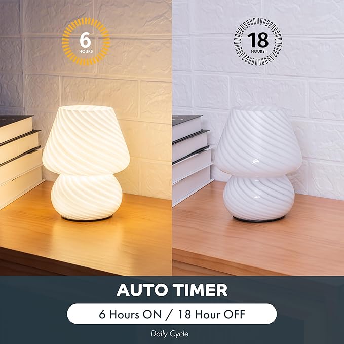 Battery Operated Mushroom Lamp - Vintage Small Table Lamp with Timer, Cordless Bedside Nightstand Lamp, Glass Battery Powered Lamp for Bedroom Kitchen Living Room Shelf Decor Aesthetic White