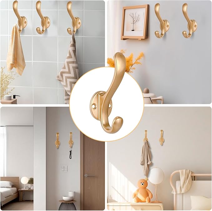 4 Pack Coat Hooks Wall Mount Heavy Duty Utility Retro Double Hooks for Hanging Coats,Hat, Towel, Key, Robe, Scarf, Bag, Cap (Gold)