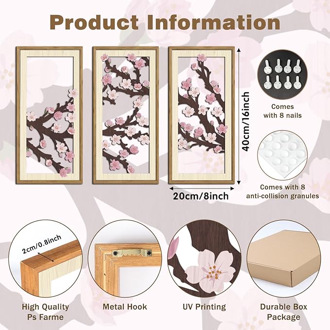 IARTTOP Cherry Blossom Wall Art Framed Set of 3 Pink Flower Wood Wall Decor Japanese Sakura Tree Artwork Neutral Botanical Art Prints Floral Minimalist Decor for Farmhouse Living Room Bedroom 8 x16 Inch