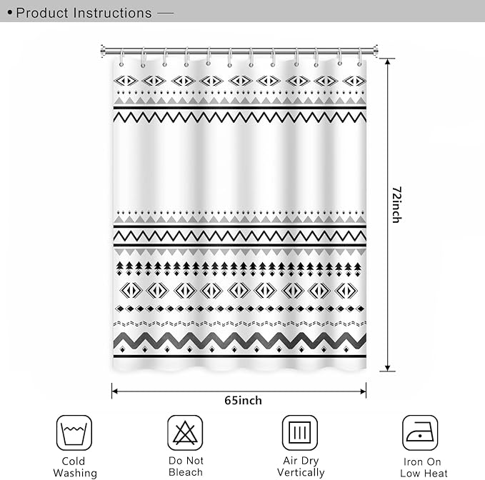 Abstract Pattern Bathroom Shower Curtain White Black Stripes Wave Waterproof Polyester Shower Curtains with Hooks Geometric Shower Curtain for Modern Home Decorative, 65x72 Inch