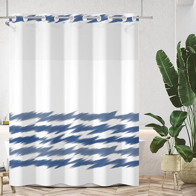 No Hook Blue Striped Shower Curtain with Snap in Fabric Liner Set Washable Wavy Blue Pattern Modern Hotel Quality Shower Curtain with See Through Mesh Double-Layered Curtains for Bathroom 71x74 Inch