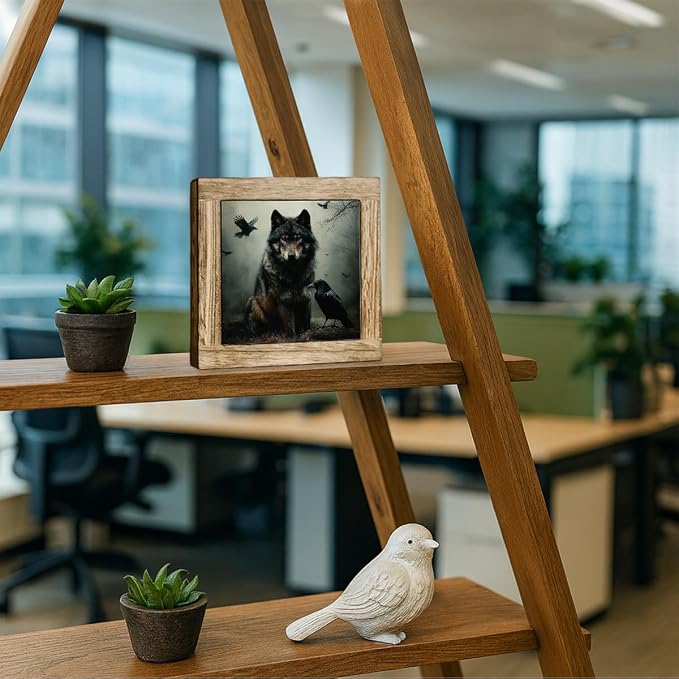 Gothic Wolf and Raven Wooden Desktop Sign, Dark Academia Forest Wildlife Wood Plaque Tabletop Decor, Mystical Animal Wooden Sign for Bedroom Living Room Office Shelf