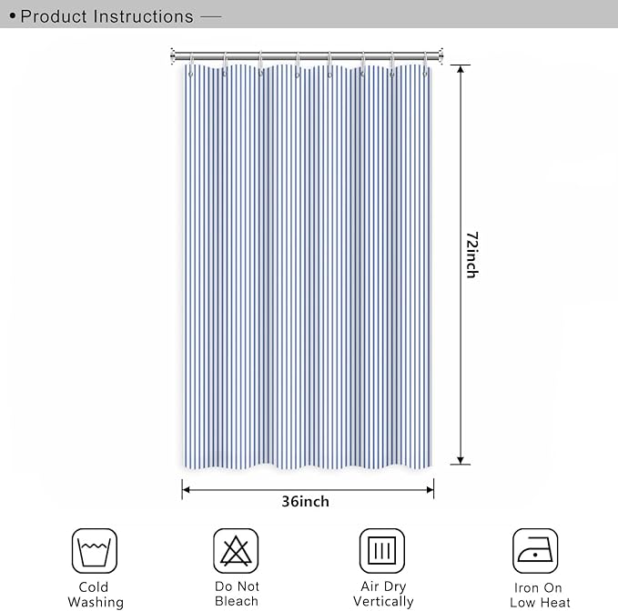 Abstract Stripes Fabric Bathroom Shower Curtain - Sky Blue Lines Modern Minimalist with Hooks - Polyester Waterproof Artistic Decor, 36x72 Inch