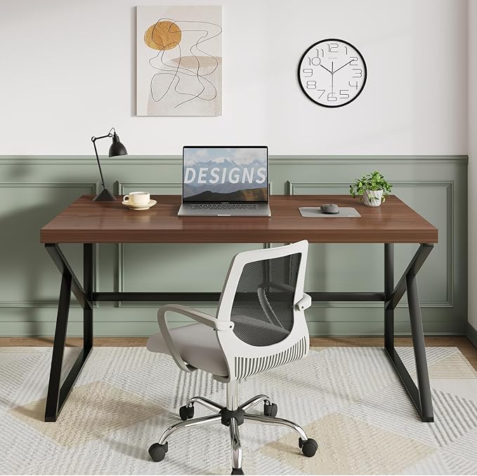 HSH Walnut Computer Desk, Industrial Modern Metal Wood Desk Workstation, Rustic Executive PC Laptop Work Desk Table for Home Office, Simple 55 Inch Writing Study Gaming Desk in Bedroom Living Room