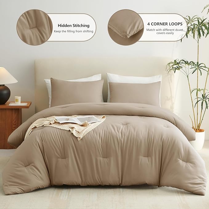 CozyLux Full Size Comforter Set Taupe, 3 Pieces Lightweight Down Alternative Quilted Bedding Sets, All Season Soft Breathable Solid Comforter with 2 Pillowcases, Luxury Bed Set Gift for Home