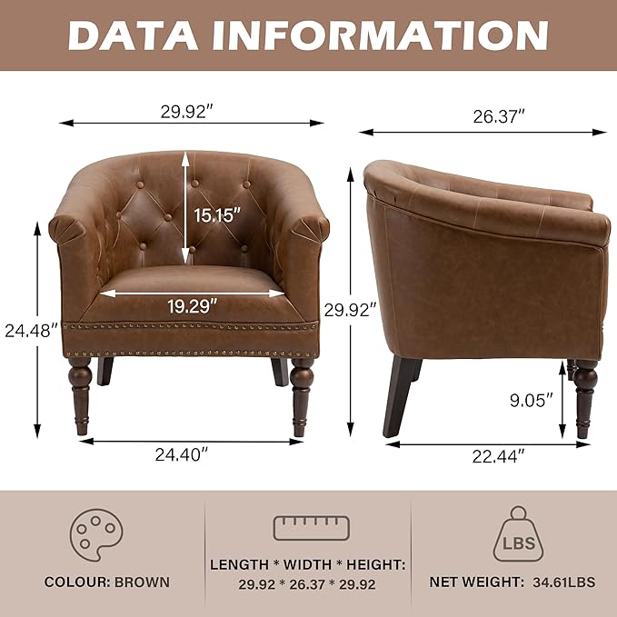 UIXE PU Leather Barrel Accent Chair, Modern Club Chair Upholstered Armchair for Living Room, Nailed Trim Arm Chair Comfy Single Sofa Bedroom Reading Seat, Brown