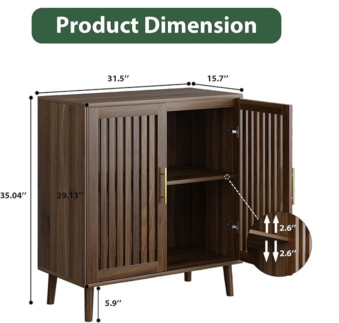 Buffet Cabinet with Storage Walnut Sideboard with Grille Doors&Adjustable Shelf, Wood Coffee Bar Storage Cabinet for Kitchen Living Room Entryway (31.5 Inch)