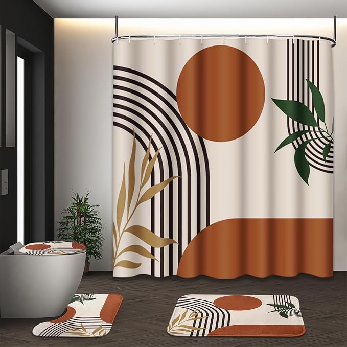 Boho Mid Century Shower Curtain Set with Toilet Lid Cover and Non-Slip Rugs, Abstract Geometric 4 Pcs Modern Minimalist Shower Curtain for Bathroom Set with 12 Hooks