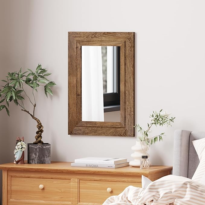 Rustic Wall-Mounted Vanity Mirror, Solid Wood Frame Bathroom Mirror, Farmhouse Style for Living Room, Bedroom, Entryway, Horizontal/Vertical Hanging