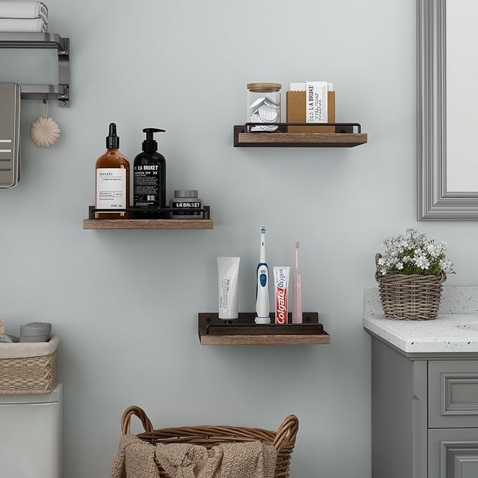 Small Floating Shelf, 6 X 9 Inches Farmhouse Wall Shelves for Living Room, Bedroom, Picture Frames, Plants, Kitchen, Set of 3 (Brown)