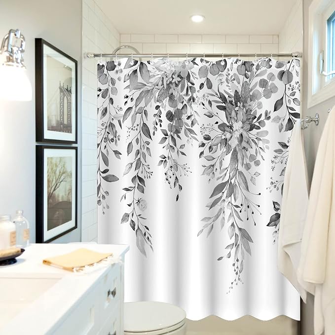 Long Gray and White Eucalyptus Shower Curtain Watercolor Grey Floral Plant Leaf Shower Curtains for Bathroom Botanical Flower Waterproof Fabric Bath Curtain with Hooks (Black, 72'' x 78'')