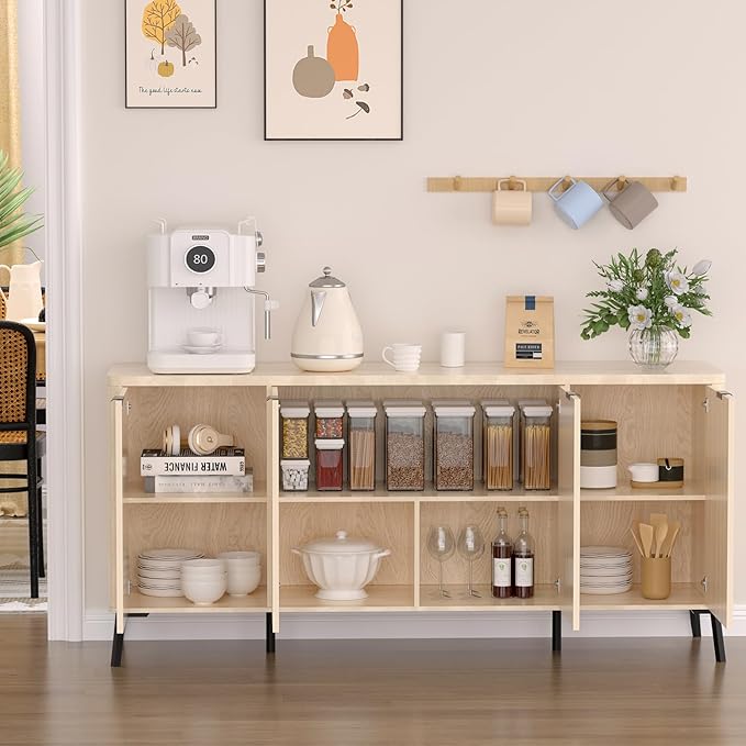 Buffet Cabinet, 63" Large Sideboard Buffet Cabinet with Storage, Modern Fluted Sideboard with 4 Doors, Wood Credenza Coffee Bar Storage Cabinet, for Living Room, Kitchen, Hallway, Oak
