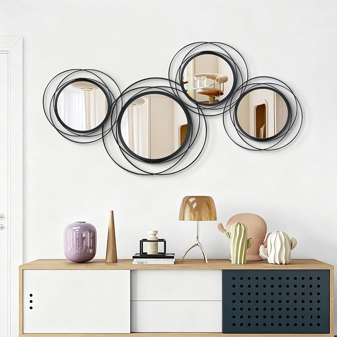 4 Set Circle Mirrors for Wall Decor for Living Room Bedroom Bathroom Entryway Metal Round Mirror Decorative Hanging Mirrors Sun Bohemian Geometric Accent Sculpture -Black 11 in/9.2 in