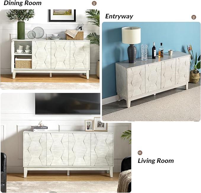 HULALA HOME Mid Century Sideboard Buffet Cabinet with Solid Wood Legs, 60" Kitchen Storage Cabinet Credenza with 4 Doors and 2 Shelves, Accent Console Table, White
