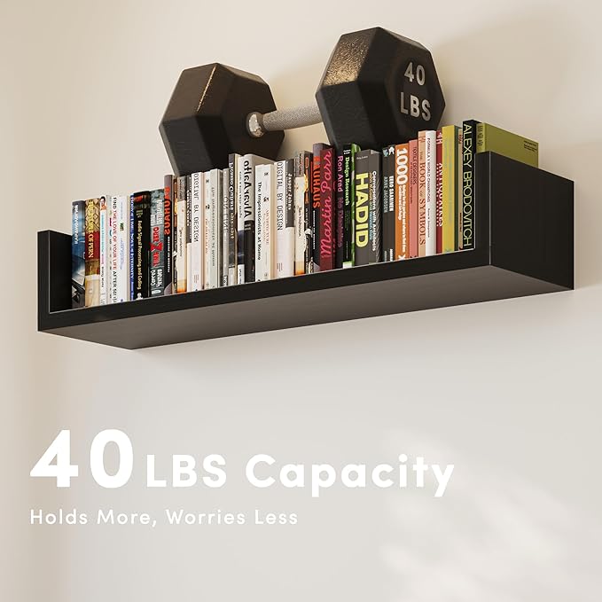 Wall Bookshelf, Set of 3, U Shaped Floating Bookshelf, Hanging Bookshelves for Wall, Wall Mounted Shelves for Living Room Bedroom Office (Black, 17 Inches, 3)
