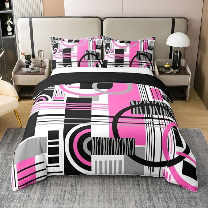 Erosebridal Art Deco Mid Century Duvet Cover Set Retro Modern Abstract Geometric 100% Cotton Comforter Cover Black and White Fuchsia Circles Stripes Queen Bedding Sets, Contemporary Bed Sets