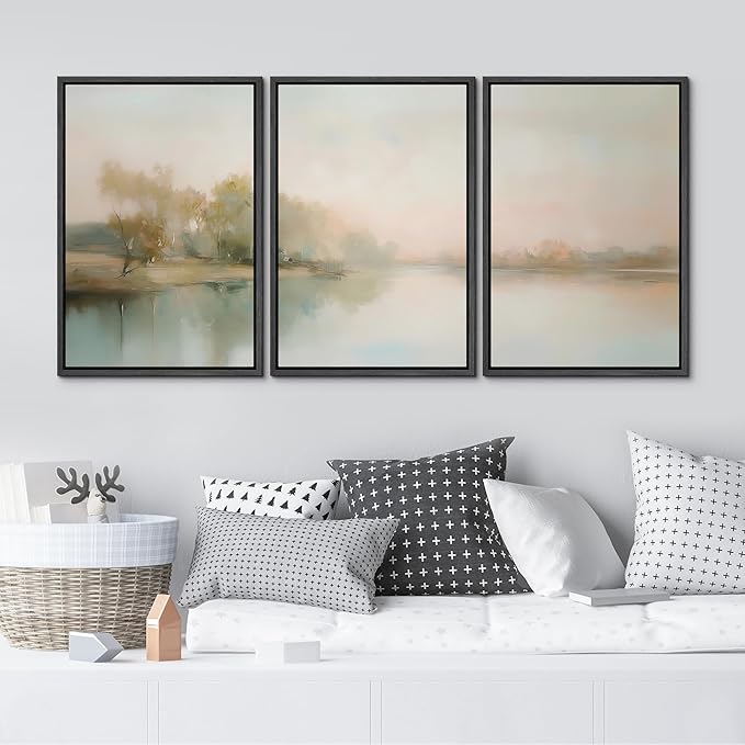 MUDECOR Framed Wall Art Print Set Soft Pastel Landscape Serene Waters and Reflections Illustrations Modern Art Boho Decorative Colorful Chic for Living Room, Bedroom, Office - 16"x24"x3 Black