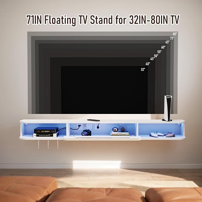 Floating TV Stand with LED Lights, 71'' Solid Wood Wall Mounted TV Cabinet with Glass Door, Mid-Century Entertainment Media Console Center Large Storage Shelf Under TV (70.86IN, White)