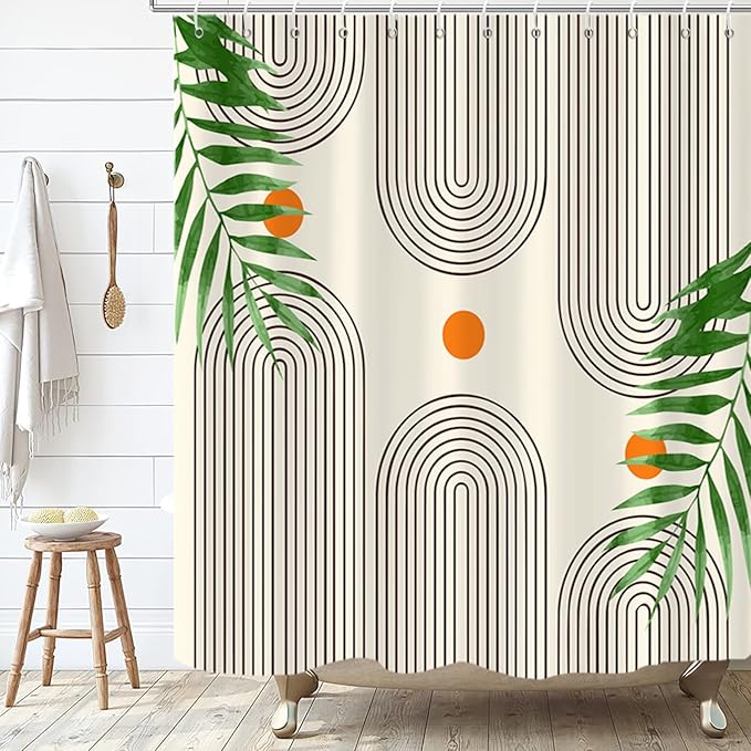 Boho Mid Century Modern Shower Curtain, Abstract Arch Leaf Minimalist Sun Beige Machine Washable Waterproof Fabric for Bathroom Decor Bathtub with Hooks 72Wx84H