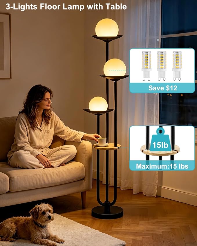 Lightdot 3-Globe Dimmable Floor Lamp with Table Modern Floor Lamps with 5Lbs Heavy Base for Wedding/Party 3000K Warm White Bulbs Included Black Standing Lamp for Living Room/Bedroom/Sofa Beside/Corner