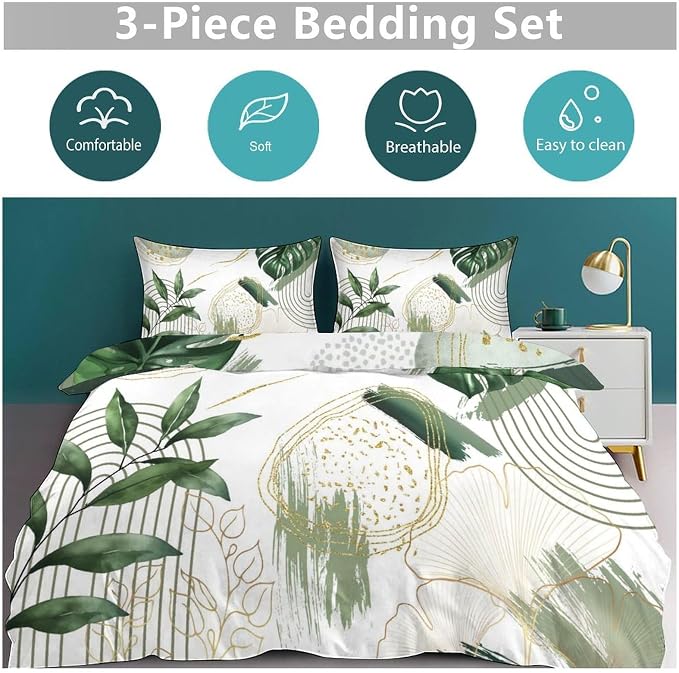 Boho Leaf Bedding Set,Mid Century Palm Tropical Leaf Abstract Geometric Modern Minimalism Green Comforter Set with Pillowcase for Bedroom Bed Decor,King 102"x90"