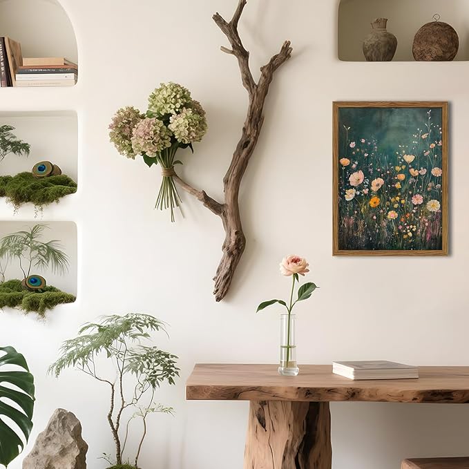 Dark Wildflower Wall Art Vintage Moody Flower Botanical Wall Decor Painting Cottagecore Floral Plant Artwork 3D Textured Sandstone for Living Room Bedroom 12x16 inch Wood Framed