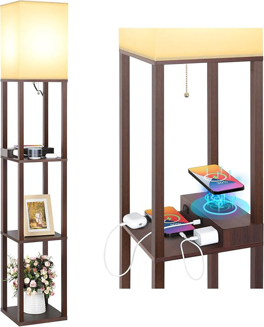 Mlambert Modern Shelf Floor Lamp with Wireless Charger & Fast Charging USB Ports & Type C Port & 2 Power Outlets,3 Tier Storage Lamp for Bedroom,Brown