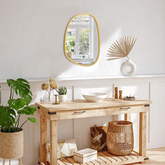 Irregular Gold Modern Asymmetrical Small Wooden Framed Hanging Wall Mirror - Unique Oval Shape for Bedroom, Bathroom, Entryway, Living Room