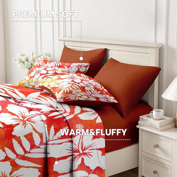Nesker 7 Pcs Comforter Set Queen Size, Red Hibiscus Hawaiian Bedding Set for Kids and Adults, Flower Surf Floral Sheets Bed Sheet Sets with Fitted Sheet 2 Pillowcases & 2 Shams
